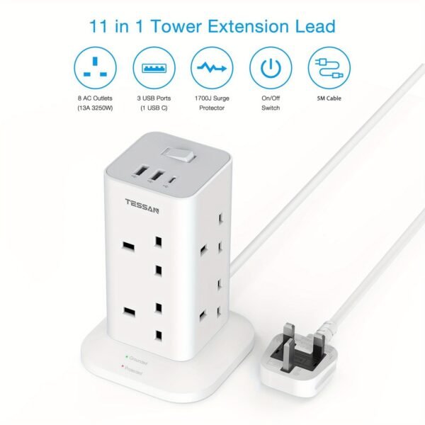 5m Tower Extension Lead with 2 USB-A & 1 USB-C Ports